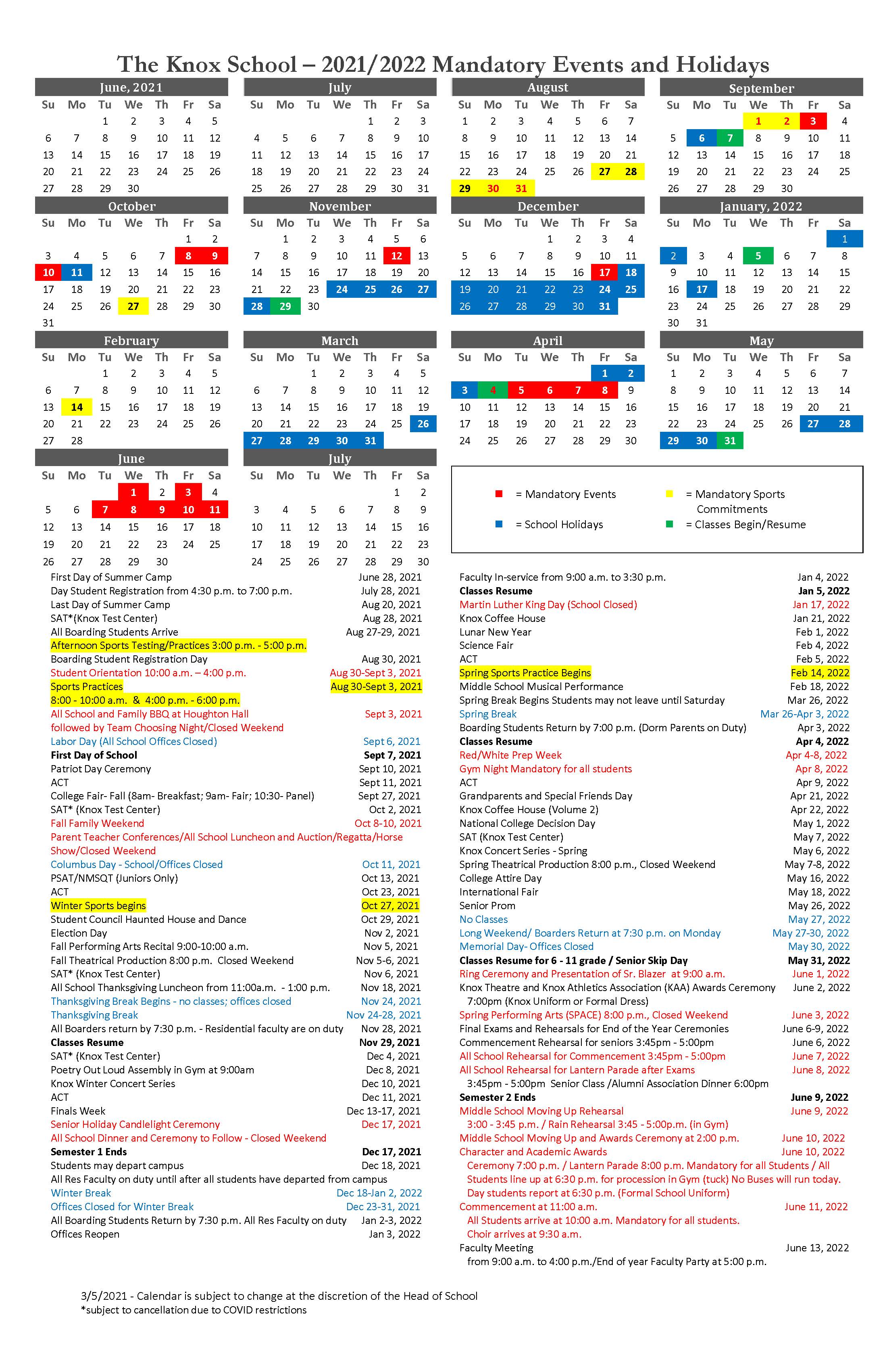 Knox Calendar – The Knox School
