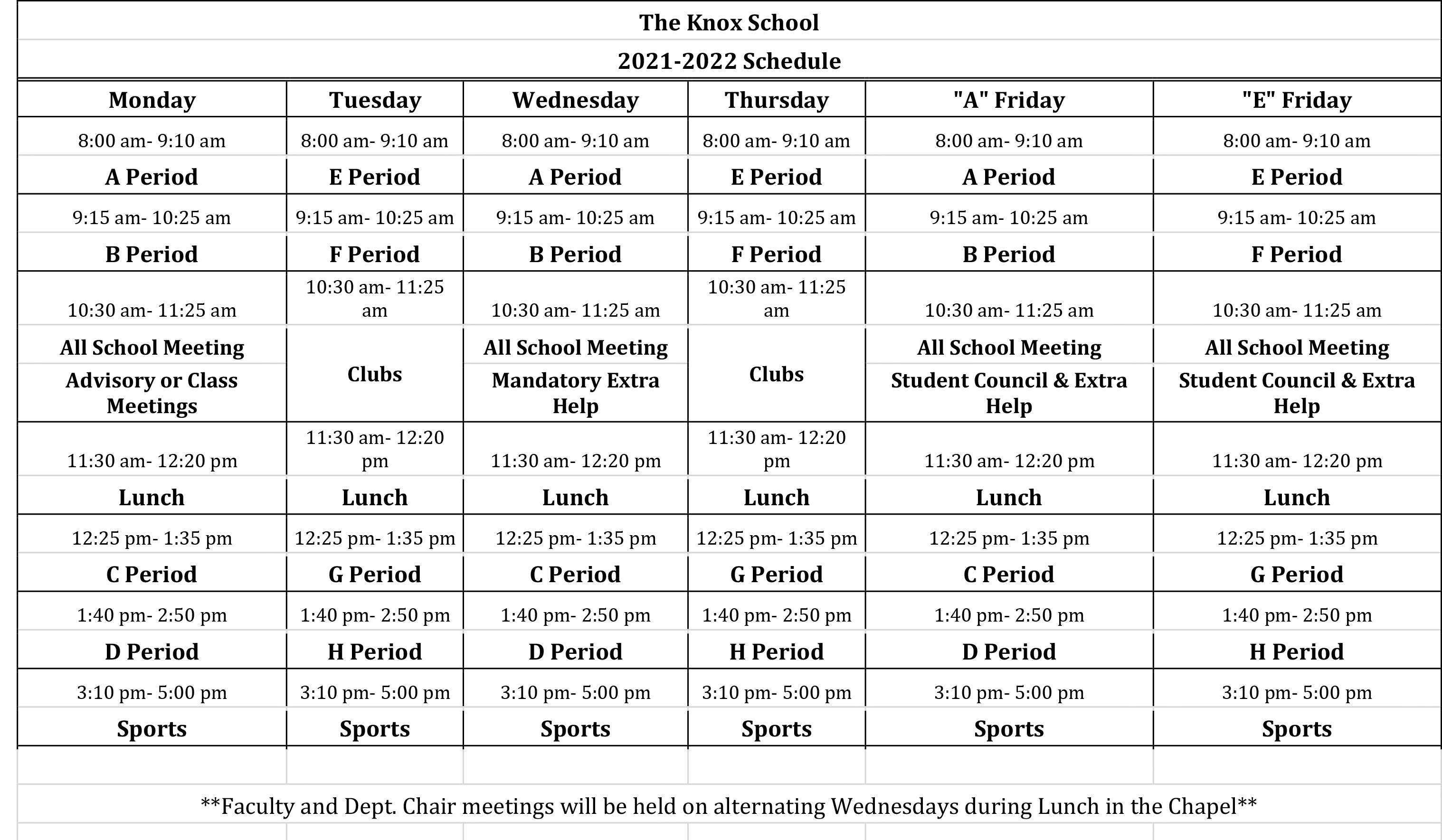 Image of the Daily Schedule of Classes