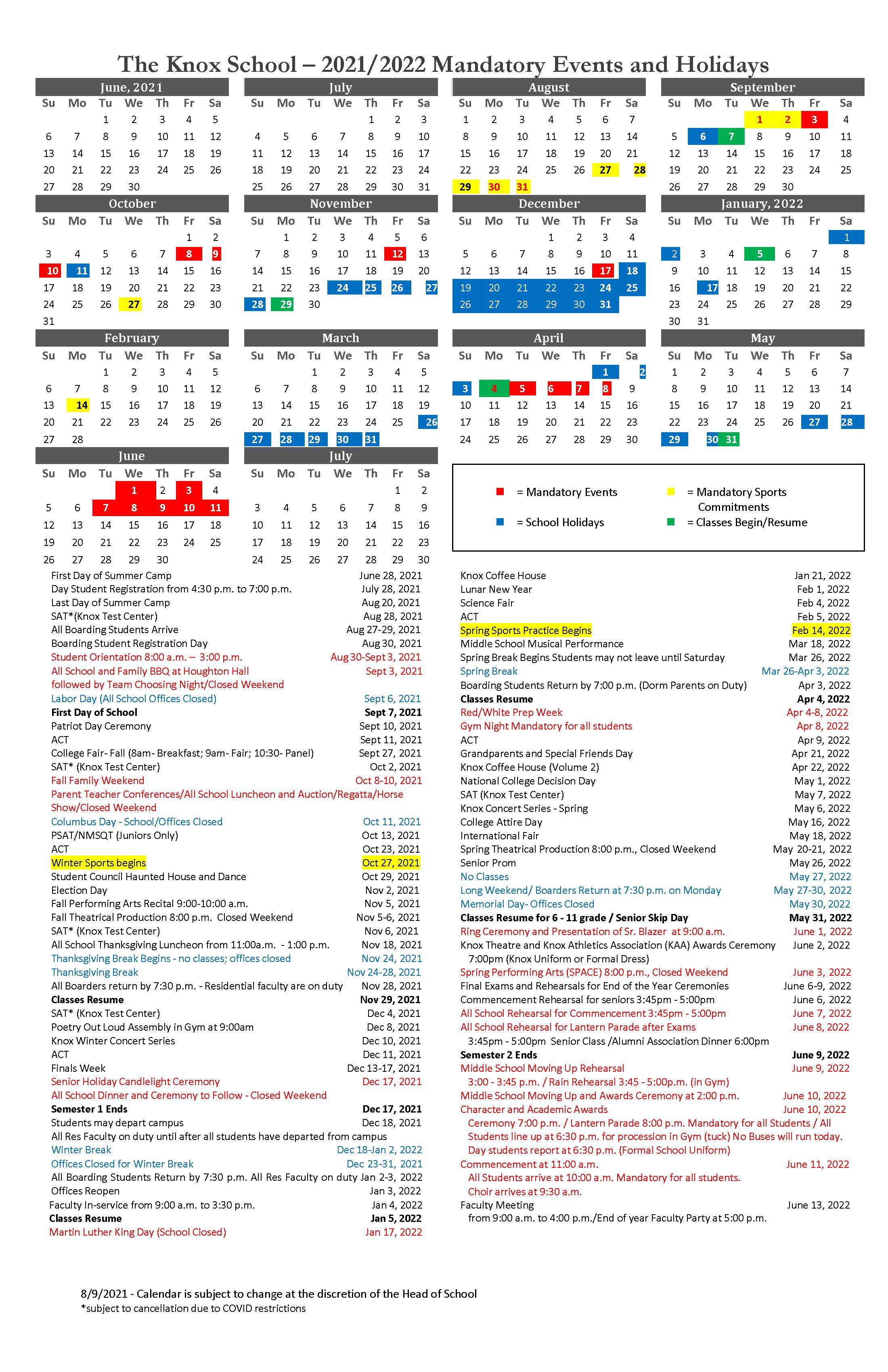 Knox College 2022 Calendar Knox Calendar - The Knox School