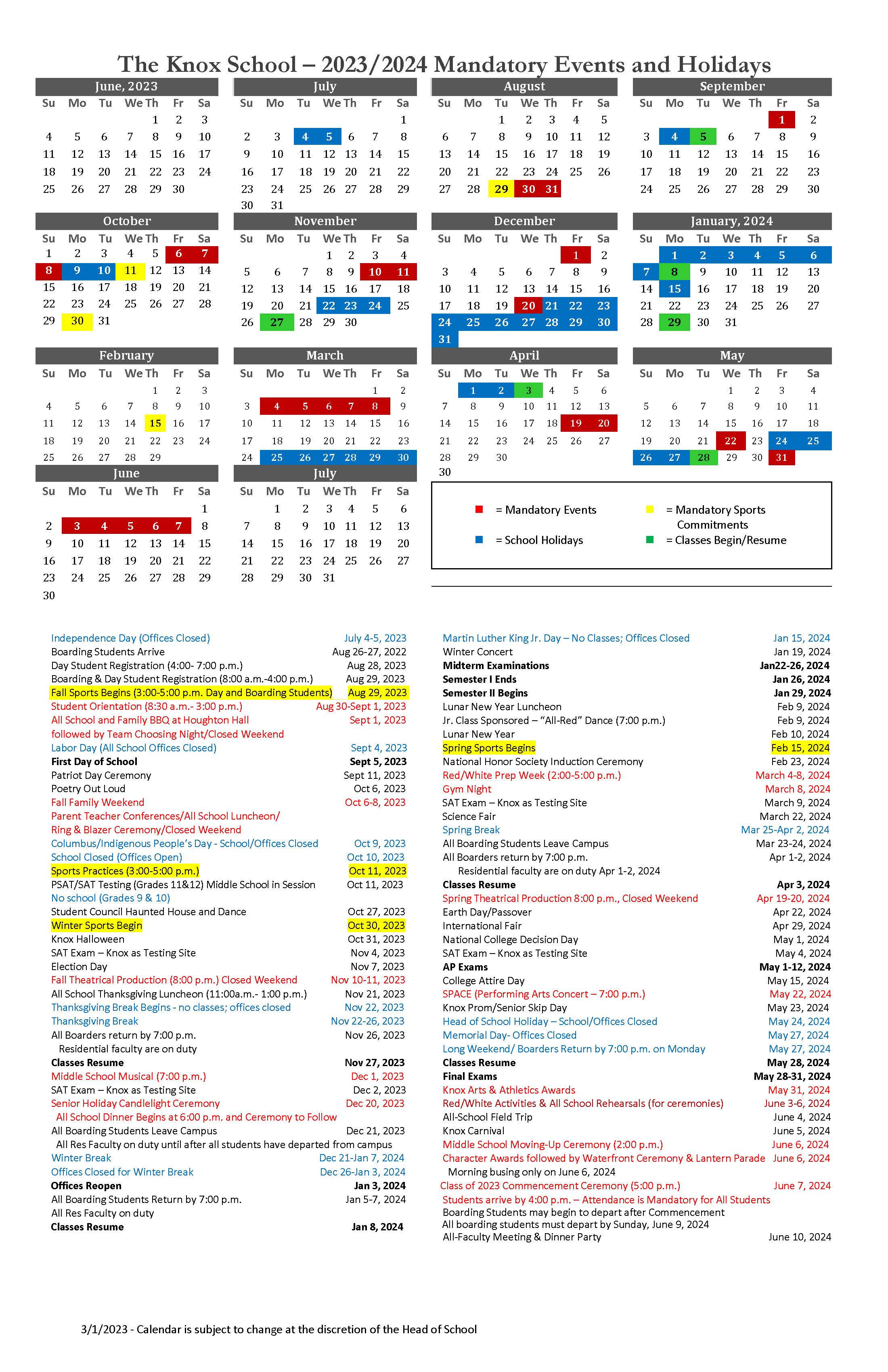 Knox School Calendar 2023-2024